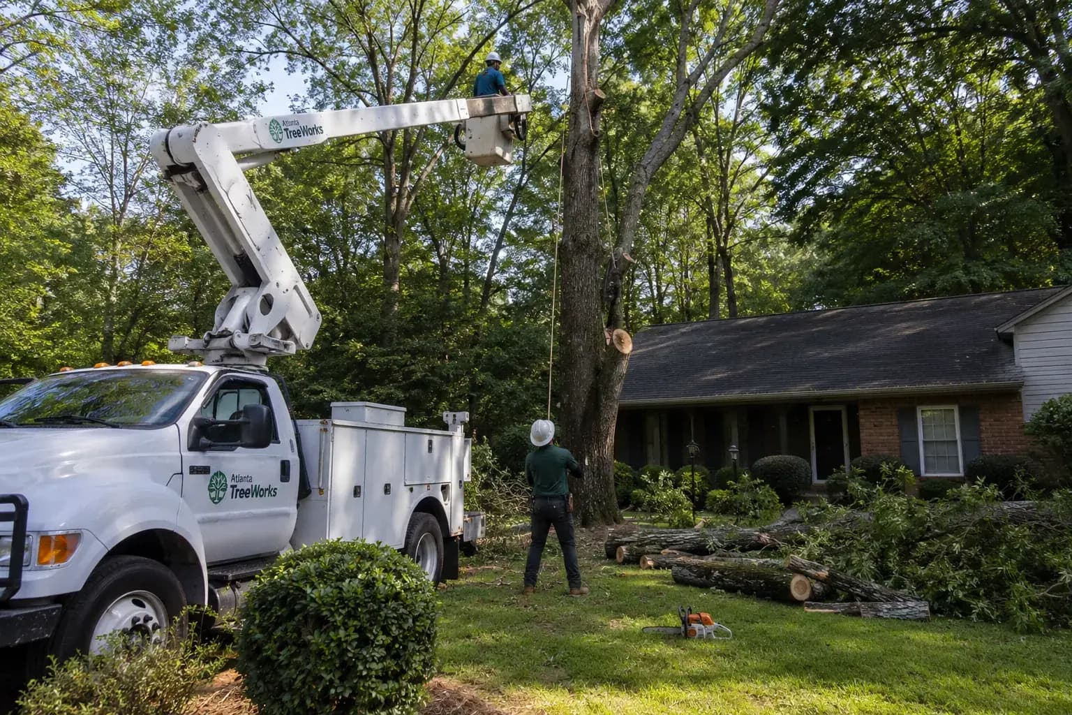 Tree crew using ropes to lower a large live oak limb beside a Tampa home