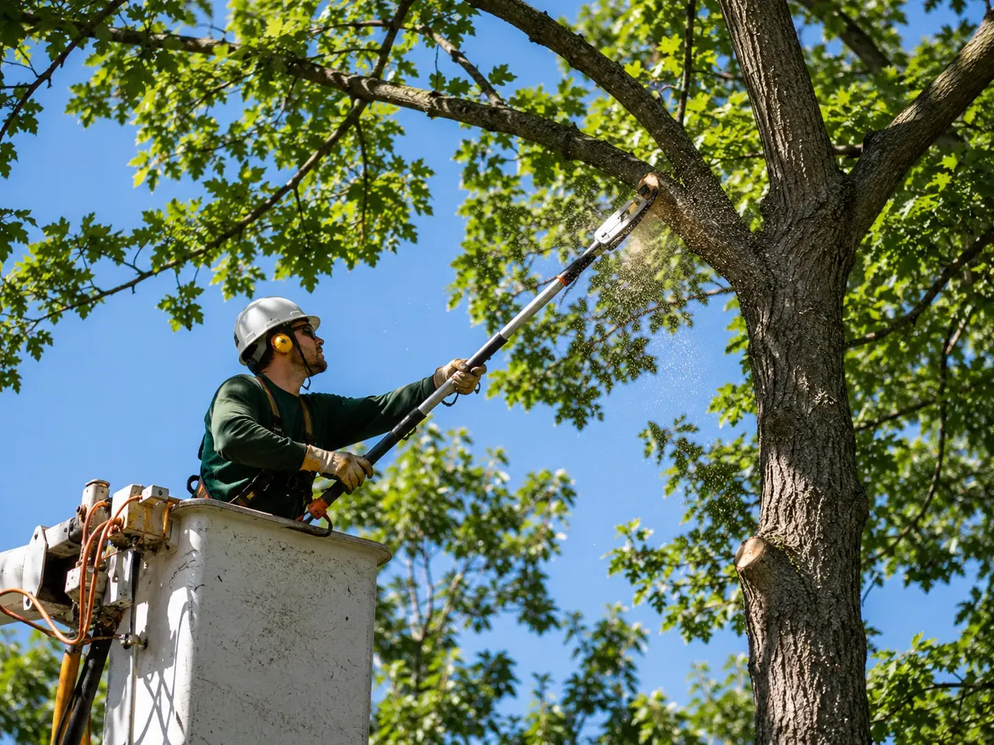 Arborist making a clean reduction cut in a healthy Tampa live oak